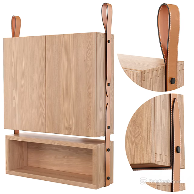Wooden Storage Cabinet Shelf With Leather Straps Natural Wood Grain And Open Shelf Design 3d model 