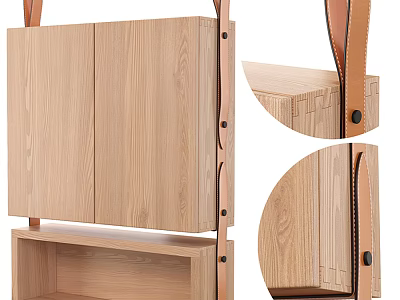 Wooden Storage Cabinet Shelf With Leather Straps Natural Wood Grain And Open Shelf Design 3d model