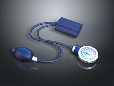 Manual Blood Pressure Monitor With Blue Cuff Inflation Bulb And Dial Gauge 3d model