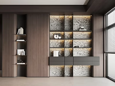Modern Wooden Bookcase With Multi Compartment Design Textured Backdrop And Built in Lighting 3d model