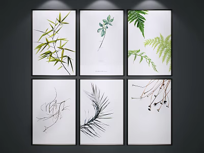 Stylish Botanical Prints With Green Leaves Ferns And Branches Framed Art 3d model