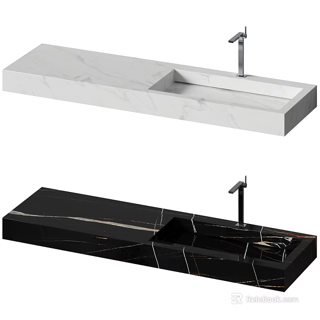 Modern White And Black Marble Rectangular Countertop Washbasin With Faucet Design 3d model 