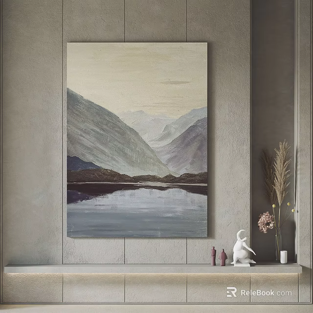 Serene Mountain Lake Painting On Wall With Vase Sculpture And Plants 3d model 