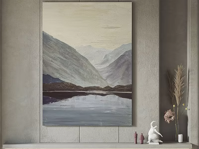 Serene Mountain Lake Painting On Wall With Vase Sculpture And Plants 3d model