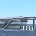 Modern Building Featuring Large Glass Windows Sloped Entrance Lamp Posts And Road