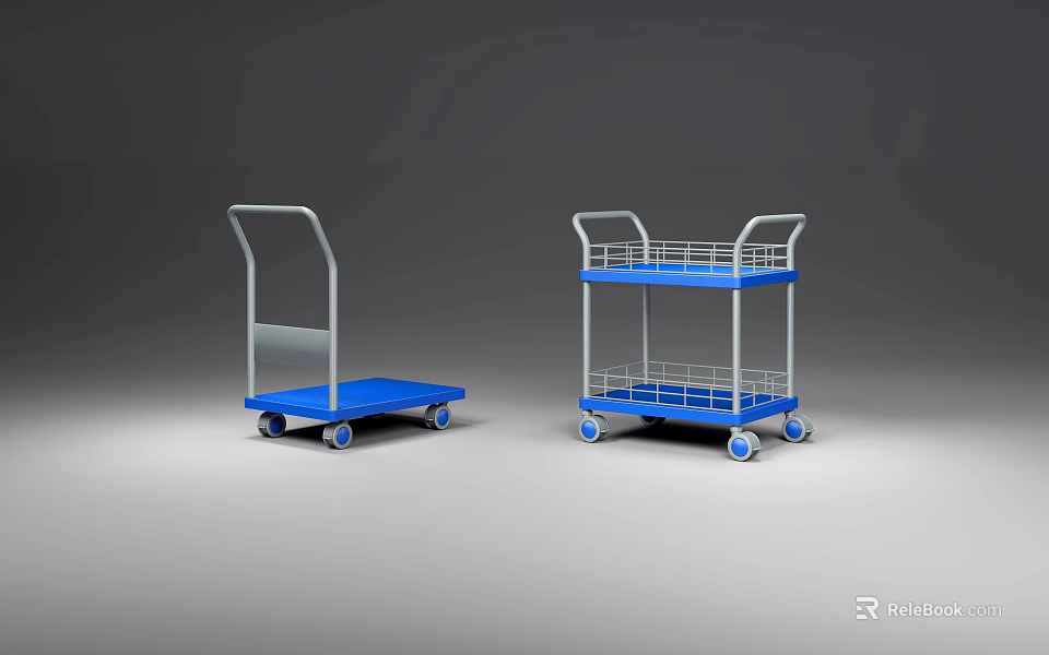 Blue Metal Utility Carts With Single And Double Layers And Wheels For Transport 3d model 