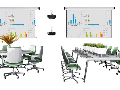 Modern Conference Table In Meeting Room With Projector Screens Charts Green Plants And Chairs 3d model