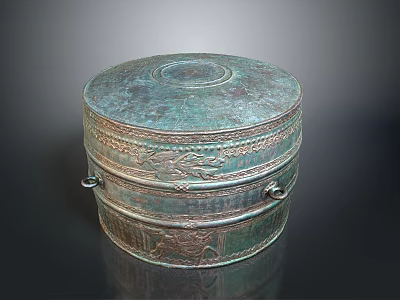 Intricate Carving On Bronze Round Container With Decorative Handles And Patterns 3d model