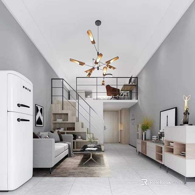 Modern Loft Apartment Interior Design With Gray Sofa Wooden Staircase And Golden Chandelier 3d model 