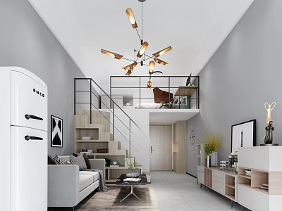 Modern Loft Apartment Interior Design With Gray Sofa Wooden Staircase And Golden Chandelier 3d model