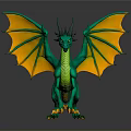 Green Dragon 3D Model with Orange Wings Horns and Yellow Claws on Gray Background