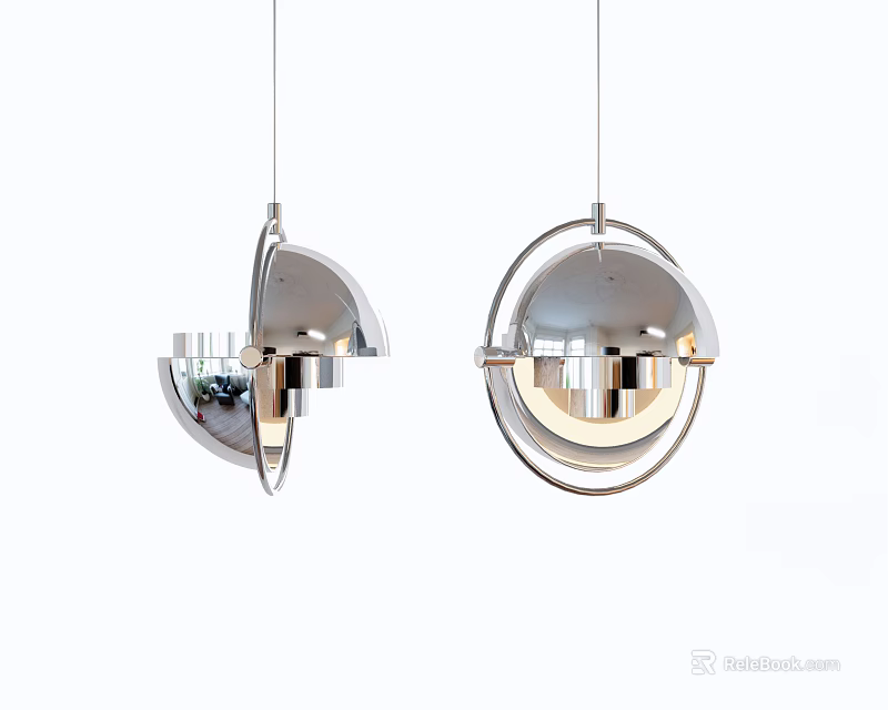 Two Modern Metallic Pendant Lights With Reflective Hemispherical Design And Transparent Elements 3d model