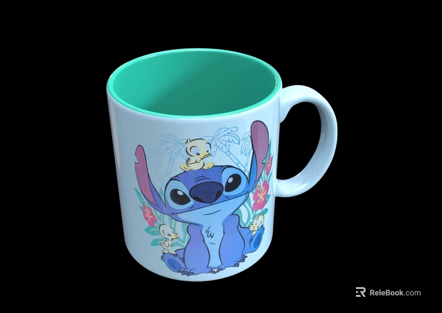 White Mug With Blue Stitch Yellow Small Figure Green Inner And Floral Patterns 3d model 