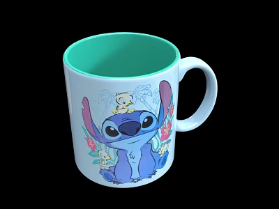 White Mug With Blue Stitch Yellow Small Figure Green Inner And Floral Patterns 3d model