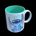White Mug With Blue Stitch Yellow Small Figure Green Inner And Floral Patterns