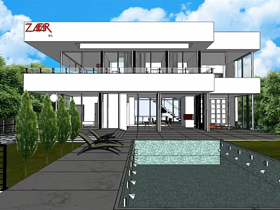 Modern Detached Villa With Swimming Pool Large Glass Windows And Lush Greenery 3d model