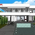 Modern Detached Villa With Swimming Pool Large Glass Windows And Lush Greenery