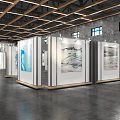 Modern Exhibition Hall Interior Design With Display Stands Artworks And Wooden Beams