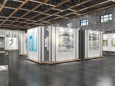 Modern Exhibition Hall Interior Design With Display Stands Artworks And Wooden Beams 3d model