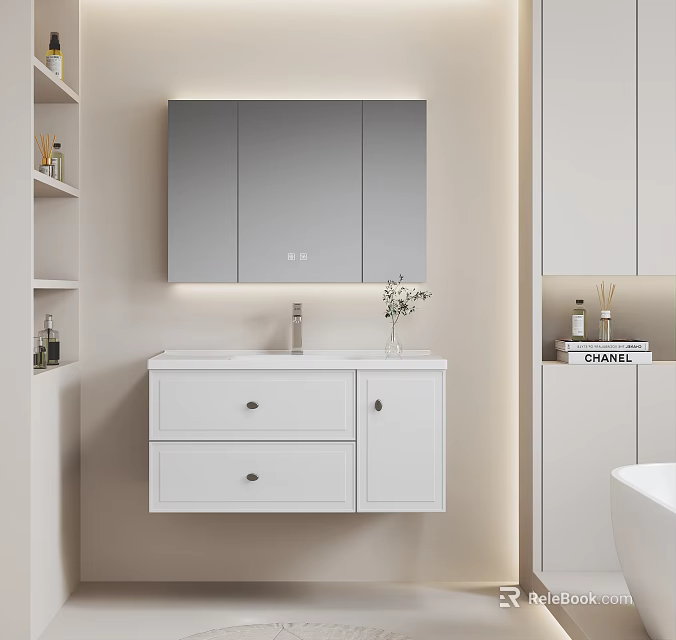 Modern Bathroom Vanity With White Cabinet Marble Countertop Backlit Mirror And Decorative Vase 3d model 