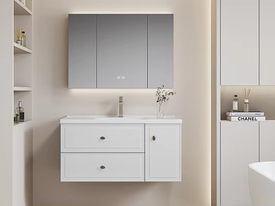 Modern Bathroom Vanity With White Cabinet Marble Countertop Backlit Mirror And Decorative Vase 3d model
