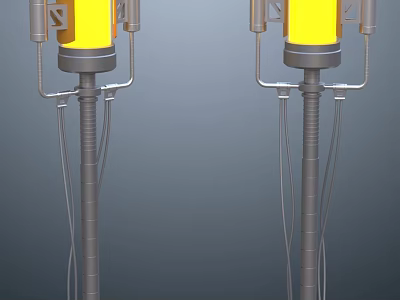 Pair Of Futuristic Industrial Devices With Yellow Cylindrical Tops And Metal Support Structures 3d model