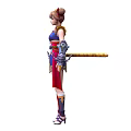 Woman in Traditional Outfit with Double Buns Hairstyle Arm Guards Short Skirt and Sword Accessory