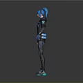 Futuristic 3D Character With Blue Hair Black And Blue Outfit And Glowing Gear