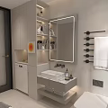 Modern Bathroom Interior With Cloud Neon Mirror Black Towel Rack White Vanity And Shower Area