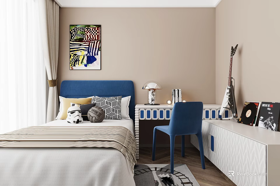 Vibrant Kids Room Interior With Blue Headboard Colorful Painting Desk Blue Chair Guitar And Toys 3d model 