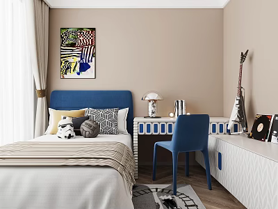 Vibrant Kids Room Interior With Blue Headboard Colorful Painting Desk Blue Chair Guitar And Toys 3d model