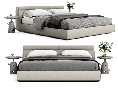 Modern Light Gray Double Bed With Upholstered Headboard And Side Tables With Small Potted Plants 3d model