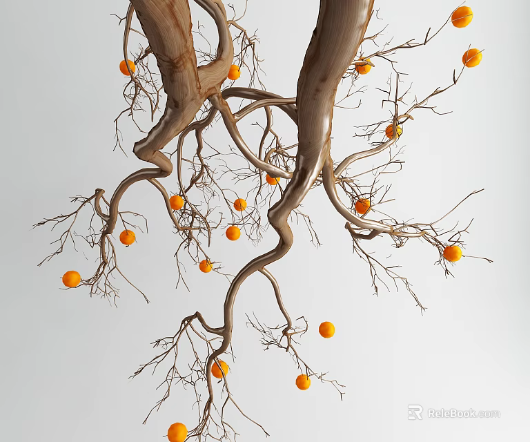 Unique Decorative Tree Branches With Orange Fruits On White Background 3d model