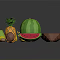 Assorted Colorful Fruits Arrangement With Watermelon Banana And Brown Bowls