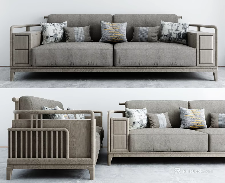 Modern Gray Fabric Two Seater Sofa with Patterned Pillows and Wooden Armrests 3d model