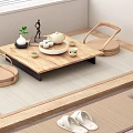 Japanese Tea Table and Chairs with Tatami Mat Tea Set Small Plant and Landscape Painting
