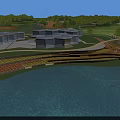 Modern Lakeside Garden Landscape With Wooden Recreational Buildings And Timber Walkways Surrounded By Lush Greenery