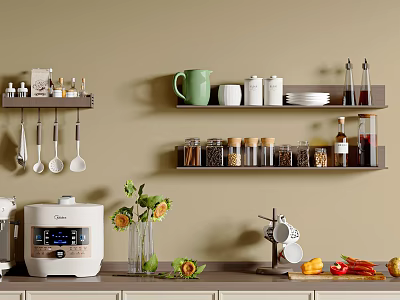 Organized Kitchen Wall Shelves With Kitchenware Spice Jars Rice Cooker Vegetables And Vase On Countertop 3d model