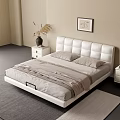 Modern White Double Bed with Upholstered Headboard in Beige Bedroom with Nightstand and Decorative Painting