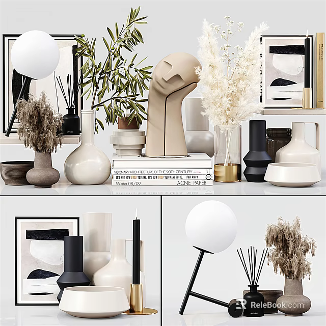 Minimalist Ornamental Decor Collection with Geometric Sculpture Vases Dried Grass Books and Lamp 3d model 