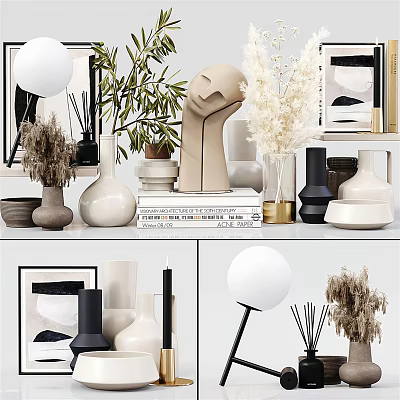 Minimalist Ornamental Decor Collection with Geometric Sculpture Vases Dried Grass Books and Lamp 3d model