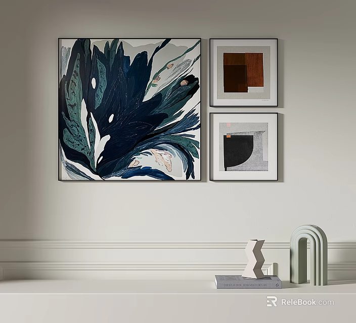 Modern Wall Art Display With Framed Artworks And Geometric Decor Accents 3d model 