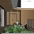 Modern Tea Room Interior With Wooden Slat Panels Minimalist Table And Potted Plant