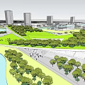 Modern Urban Architecture With Curved Roof Building Waterfront Greenery And Skyscrapers