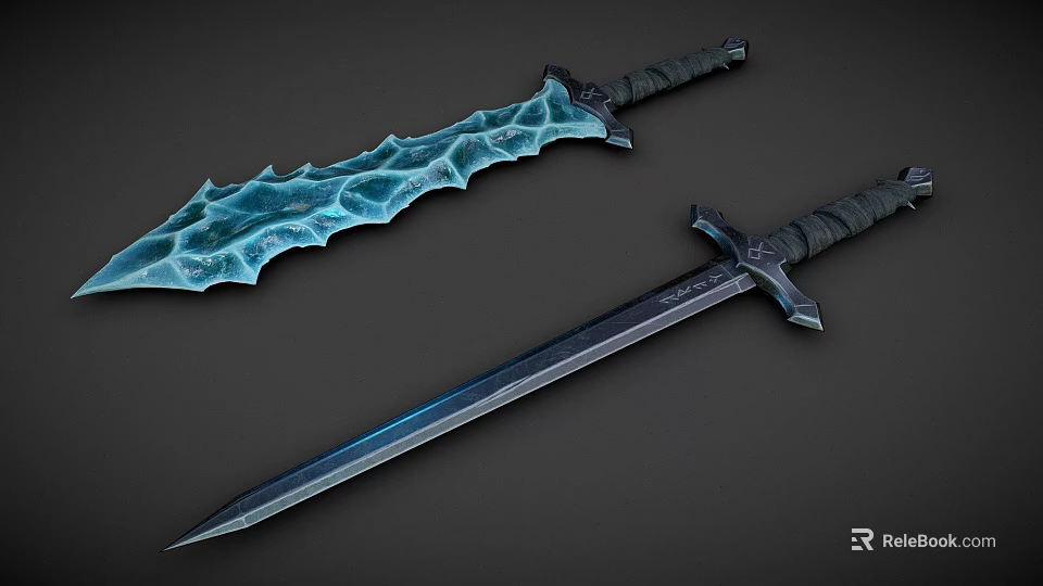 Two Unique Fantasy Swords With Frosted Irregular Blade And Dark Smooth Metallic Hilt Design 3d model 