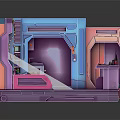 Cartoon Style Sci Fi Room Interior With Colorful Sofa Console Shelves And Lighting