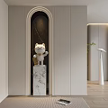 Modern Entryway Design With Arched Doorway And White Cat Figurine On Marble Column