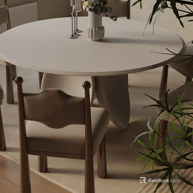 Modern Round Dining Table Set With Wooden Chairs Beige Cushions And Green Plant 3d model 