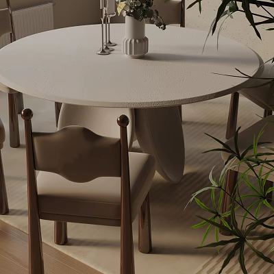 Modern Round Dining Table Set With Wooden Chairs Beige Cushions And Green Plant 3d model