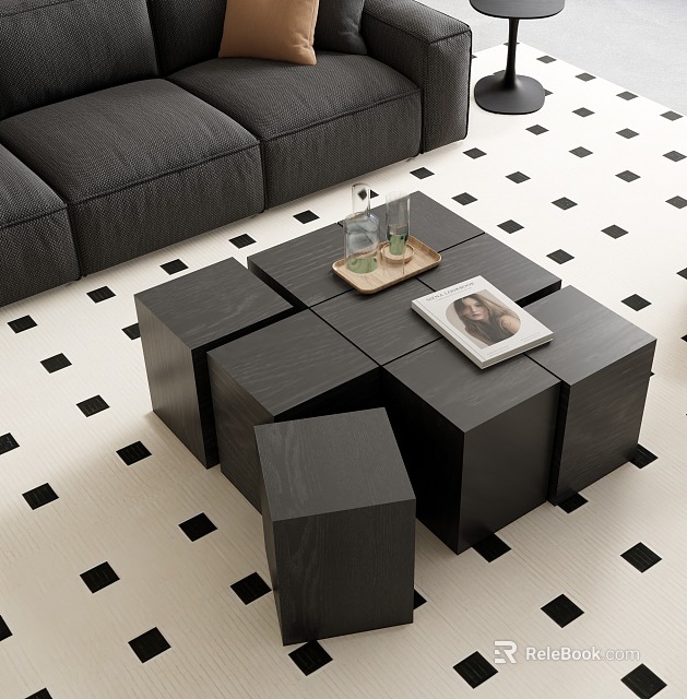 Black Modular Coffee Table With Tray Bottle Photo Book And Gray Sofa On Checkerboard Floor 3d model 